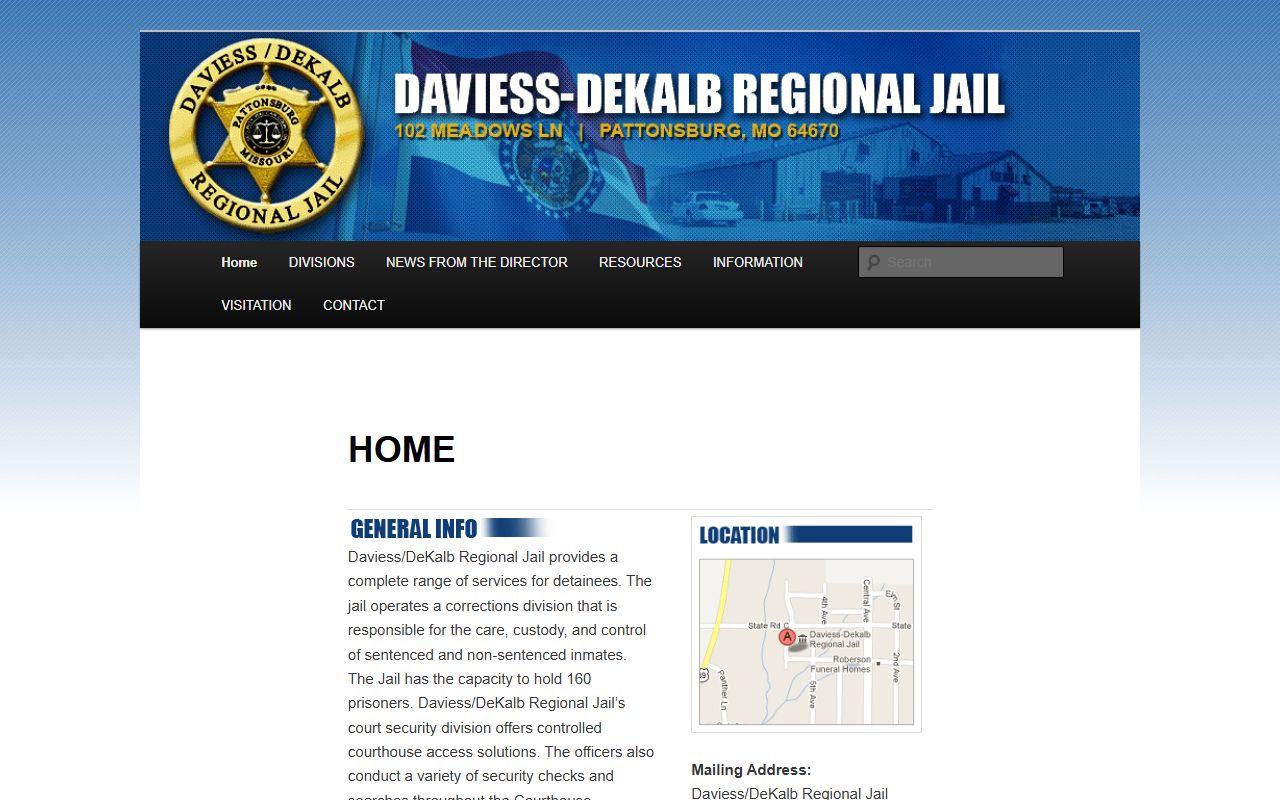Daviess-DeKalb Regional Jail official page showing address, capacity, and staff information