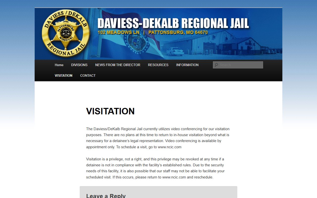 Daviess-DeKalb Regional Jail visitation page with video visitation and NCIC scheduling information