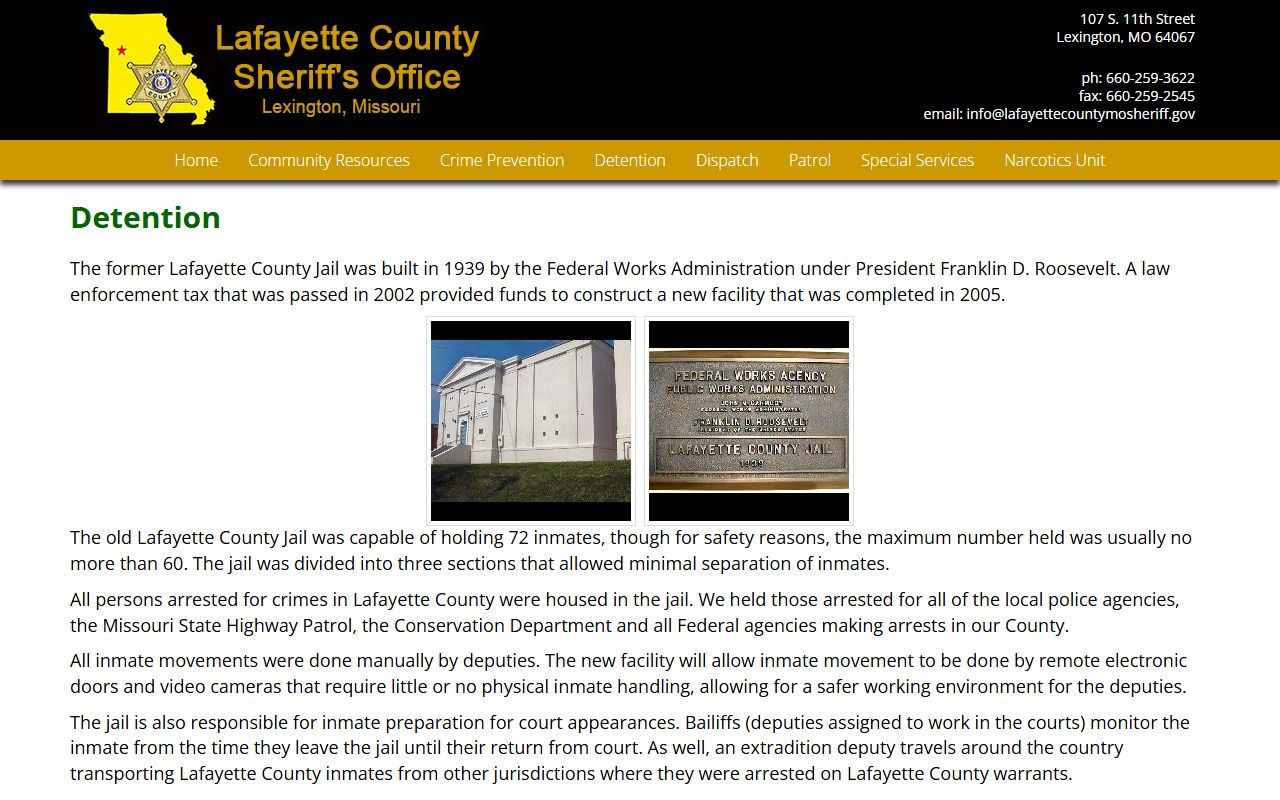 Lafayette County Detention Center official page showing capacity, history, and detention information