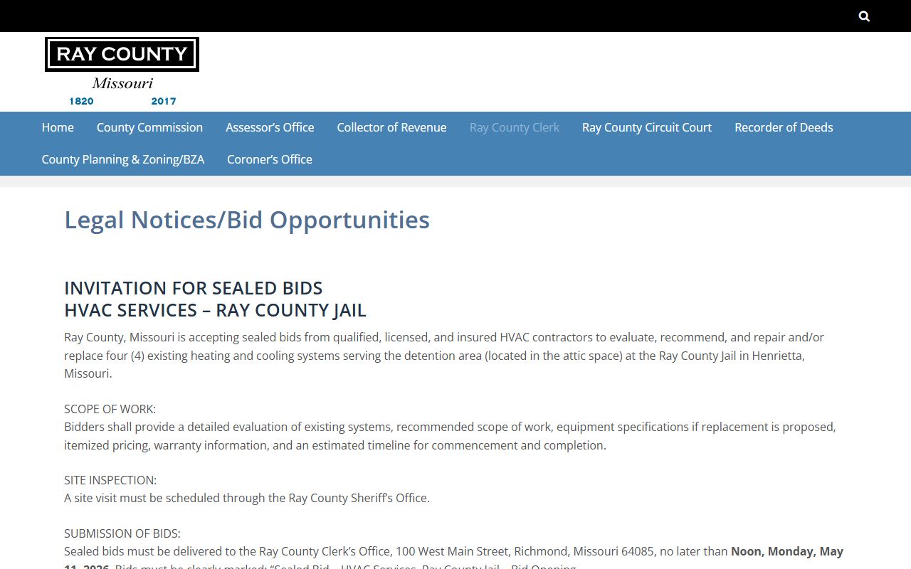 Ray County legal notice page showing jail detention-area HVAC bid information